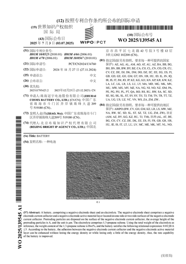海纳策略 珠海冠宇公布国际专利申请：“一种电池”